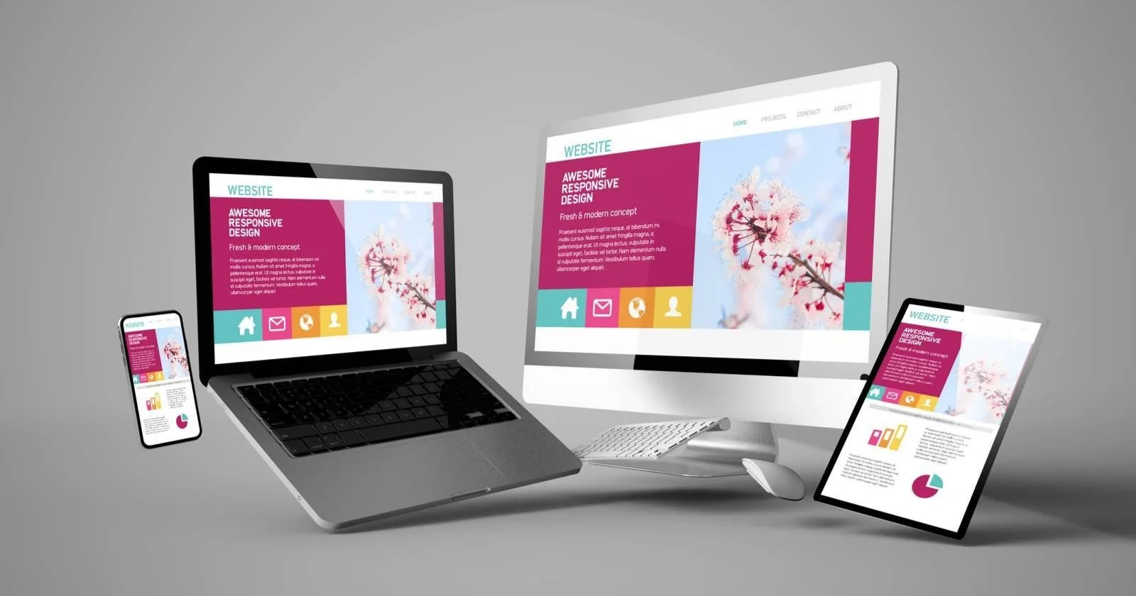 A website displayed across desktop, laptop, tablet, and phone screens